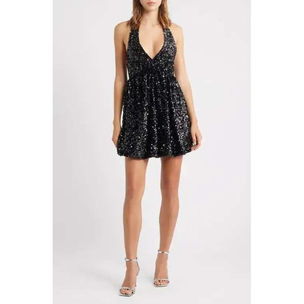 Emerald Sundae Womens Dress XL Black Sequin Halter Satin Bow LBV5825